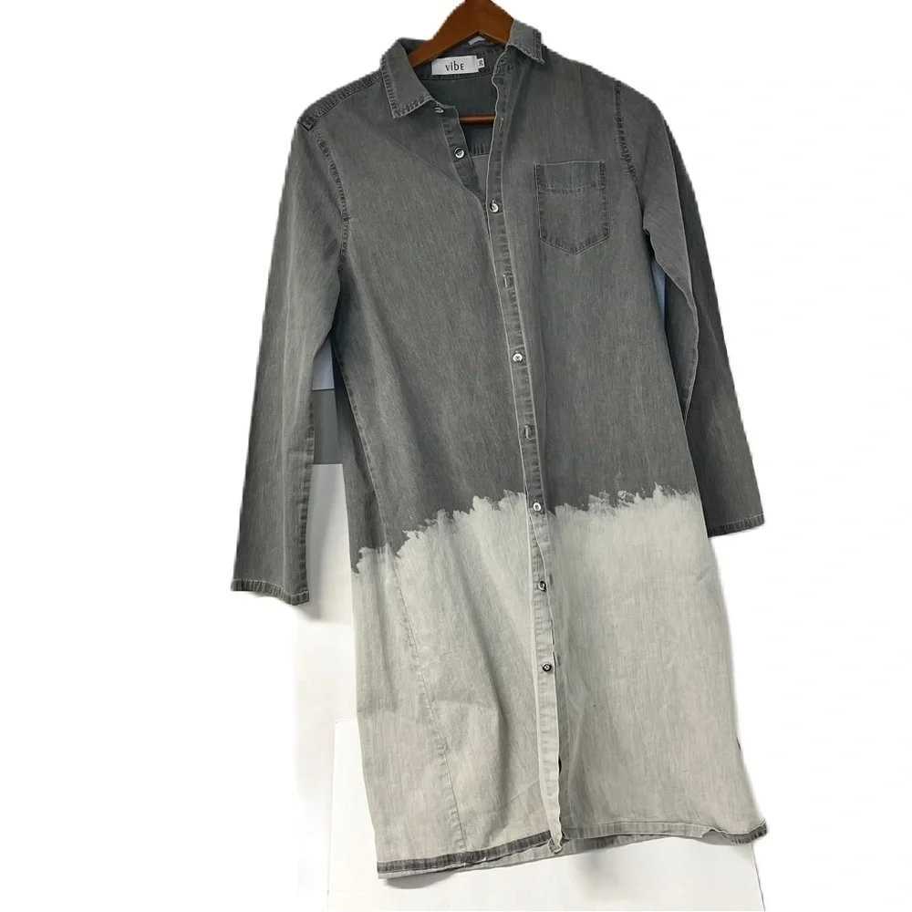 Vibe girls sz 20 black gray ombre denim button down shirt dress tunic lagenlook